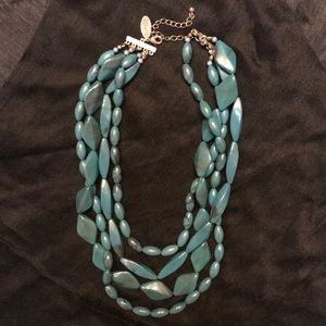 Multi shaped blue green beaded necklace